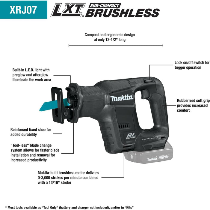 Makita CX203SYBXRJ 18V LXT� Lithium-Ion Sub-Compact Brushless Cordless 2-Pc. Combo Kit with Recipro Saw (1.5Ah)