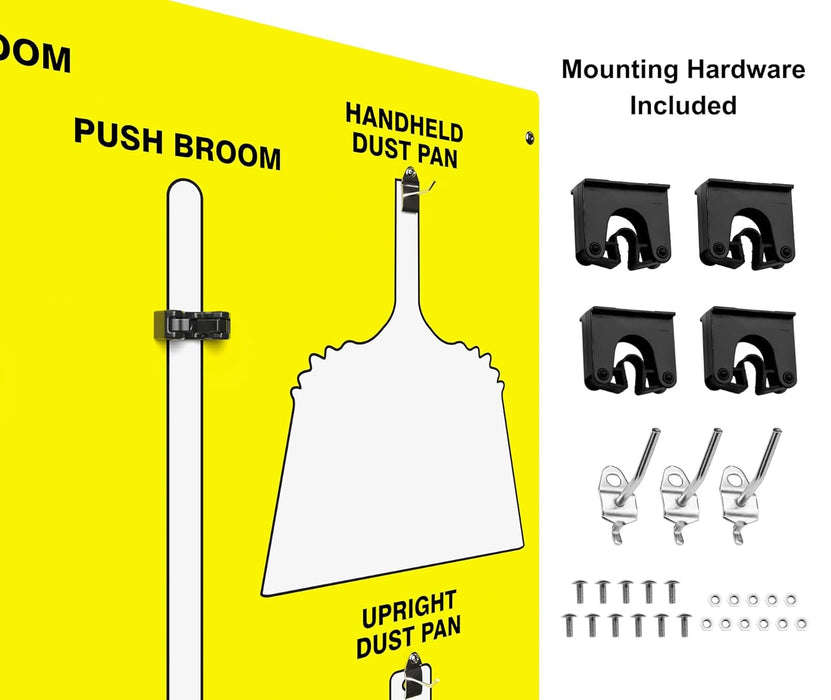 Clean & Sweep PSB116YLWT 5S Shadow Board/Wall Mount Broom Holder, 68" x 30" Board, 5S Cleaning Station with Broom and Dustpan Set Included, Yellow/White
