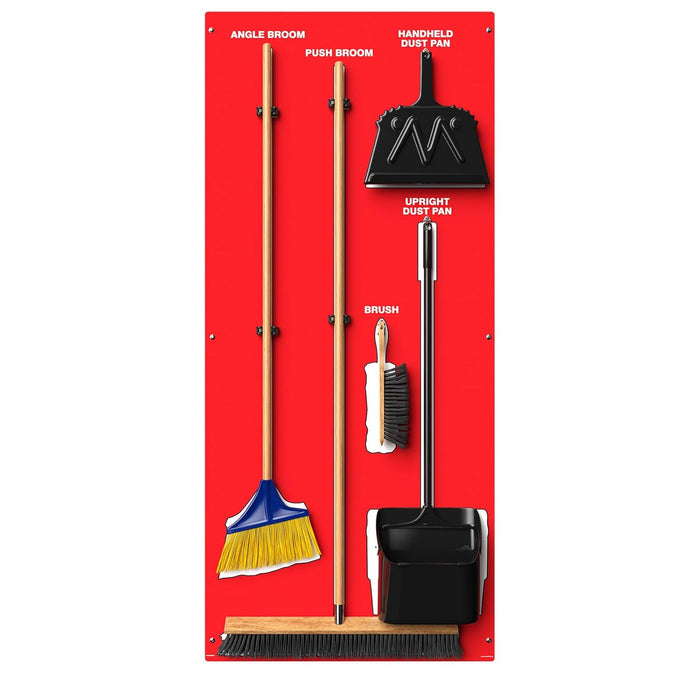 Clean & Sweep 5S Shadow Board/Wall Mount Broom Holder, 68" x 30" Board, 5S Cleaning Station - with Broom and Dustpan Set Included, PSB716RDWT Red/White Ultra Aluma-Lite