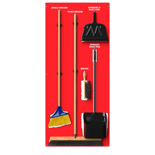 Clean & Sweep PSB116RDWT 5S Shadow Board/Wall Mount Broom Holder, 68" x 30" Board, 5S Cleaning Station with Broom and Dustpan Set Included, Red/White