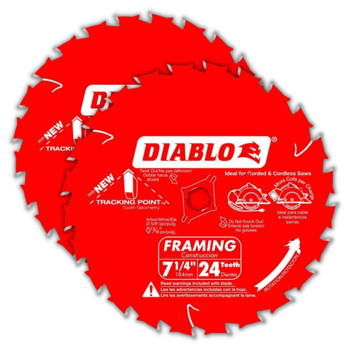 Diablo Tracking Point 7-1/4 in. 24-Tooth Circular Saw Blades – 2-Pack - Tico Carbide, Smooth Cutting, Low Vibration, Non-Stick Coating – D0724VPX