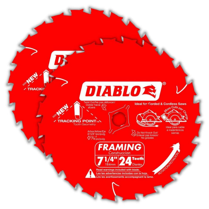 Diablo Tracking Point 7-1/4 in. 24-Tooth Circular Saw Blades – 2-Pack - Tico Carbide, Smooth Cutting, Low Vibration, Non-Stick Coating – D0724VPX