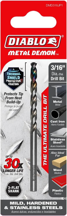 Diablo Metal Demon Drill Bits for Mild, Hardened and Stainless Steels - 3/16-Inch Diameter, 3-Flats Shank, 3.4-Inch Length - DMD316JP1