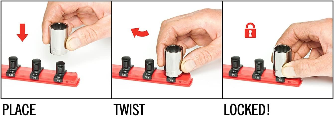 ERNST 13-Inch Socket Rail Organizer with 15 1/4-Inch Twist Lock Clips, Black (8423-Black-1/4) 13-Inch 1/4-Inch Twist Clips Black