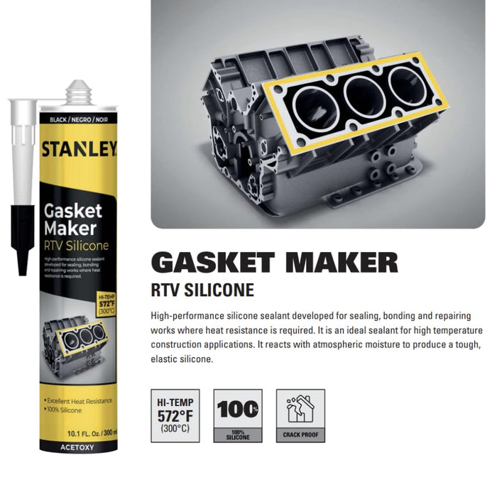 Stanley S430 High-Temp RTV Silicone Gasket Maker, Oil, Vibration and Heat Resistant Black Silicone Sealant for Automotive Valve Covers and Engine Parts, 10.1 fl.oz. (Pack of 2)