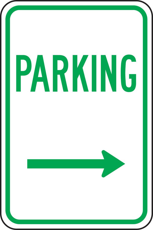 Accuform FRP226RA "Parking" with Right Arrow, Reflective Aluminum Parking Sign, 18" x 12"
