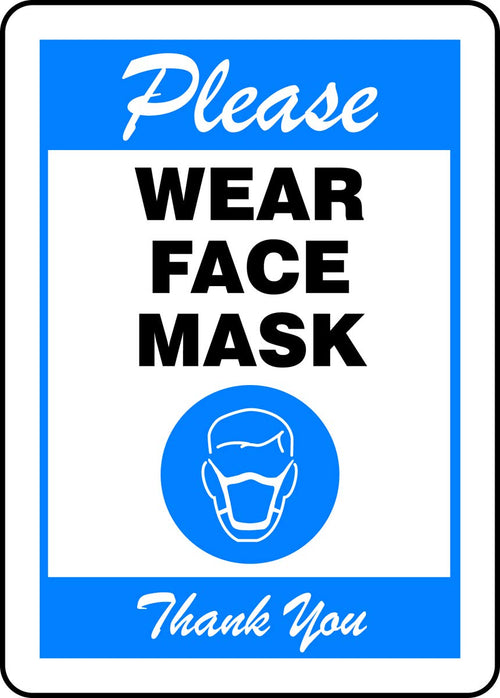 Accuform MPPA514VS "PLEASE WEAR FACE MASK" Sign, Blue, Adhesive Vinyl, 10" x 7" 10" x 7"