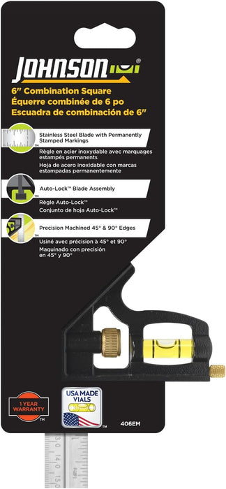 Johnson 406EM Professional Inch/Metric Combination Square, 6", Silver