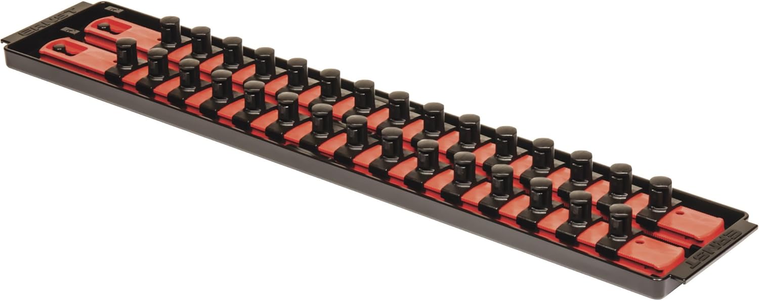 Ernst Manufacturing 18-Inch Socket Boss 2-Rail 1/2-Inch-Drive Socket Organizer with Twist Lock Secure Hold and Toolbox Drawer Tray, Red - Made in USA