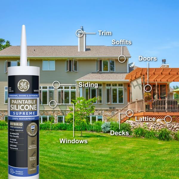 GE Supreme Paintable Silicone Caulk for Window & Door, White, 9.5 fl oz Cartridge, 100% Waterproof Silicone Sealant, 7X Stronger Adhesion, Freeze & Sun Proof (Pack of 12)