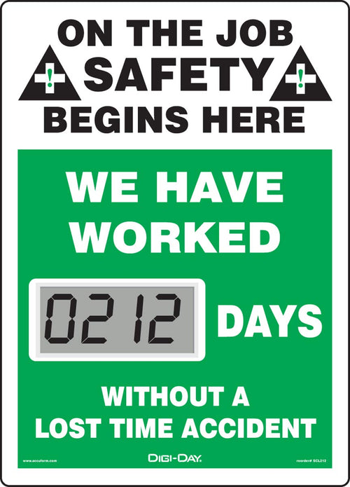 Accuform SCL212 Mini Digi-Day Battery Powered Electronic Safety Scoreboard, Tracks Days Without A Lost Time Accident, 14" L x 10" W x 1" D, Bright LCD Display, Made in USA