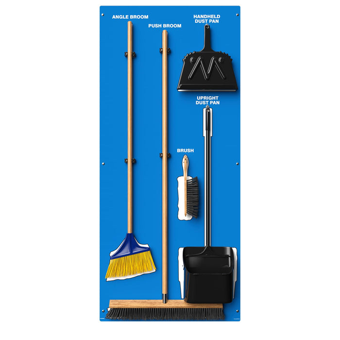 Clean & Sweep PSB116BUWT 5S Shadow Board/Wall Mount Broom Holder, 68" x 30" Board, 5S Cleaning Station with Broom and Dustpan Set Included, Blue/White