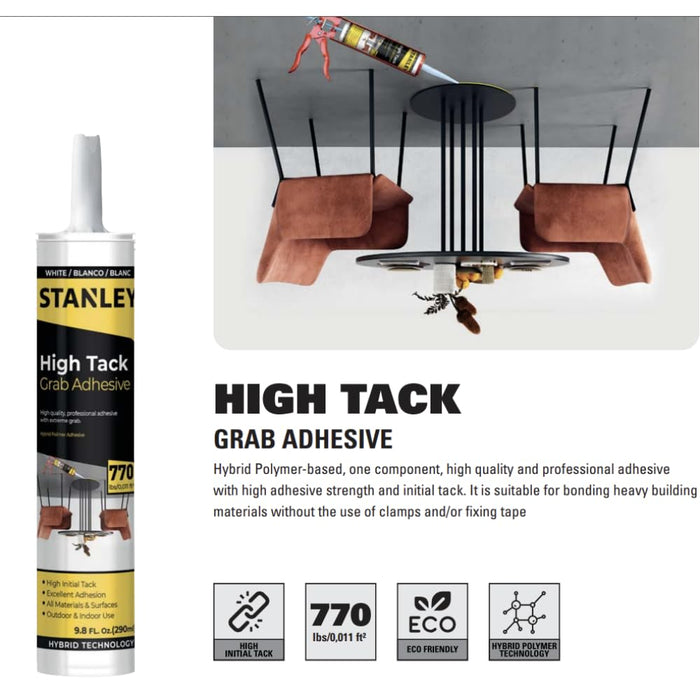 STANLEY High Tack Grab Adhesive Caulk - Hybrid Polymer and Bonding, 9.8 oz (Pack of 12)