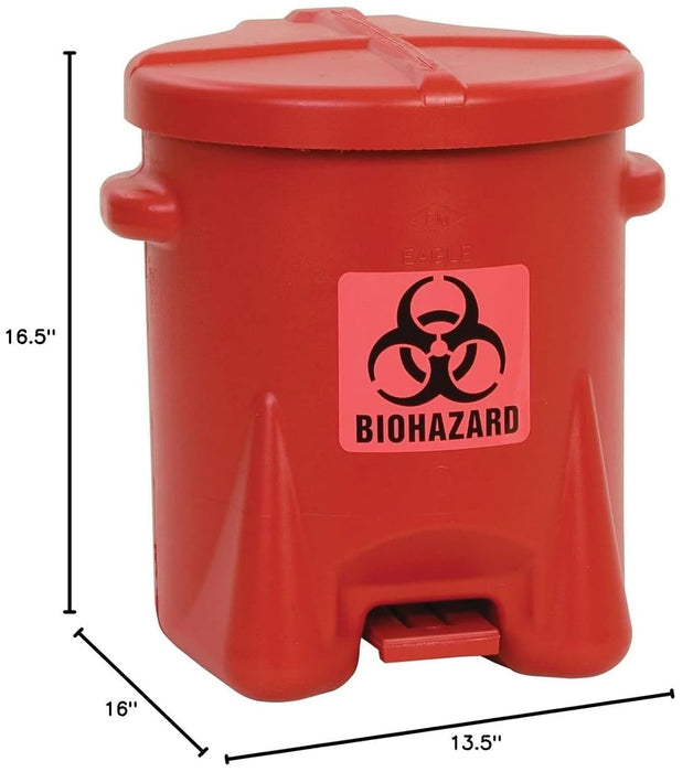 Eagle 6 Gallon Biohazard Trash Can with Foot-Operated Self-Closing Lid, 16.5" x 13.5" x 16", Made in The USA from High-Density Polyethylene, Red, 943BIO