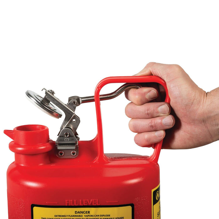 Justrite 14065 1/2 Gallon, 4 5/8" x 7 5/8" x 9.50" Size Type I Red Oval Polyethylene Safety Can with Stainless Steel Hard
