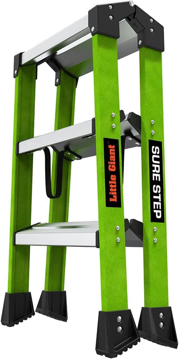 Little Giant Ladders, Sure Step, 3-Step, Double-Sided Step Stool, Fiberglass, (11953), Type 1AA, 375 lbs Weight Rating, Hi-viz Green