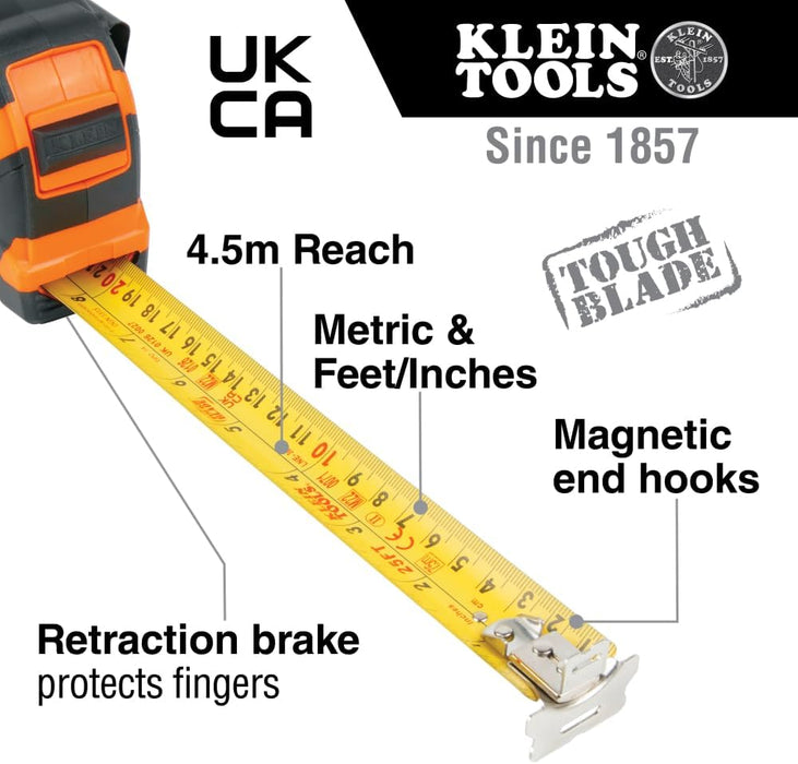 Klein Tools (9375) Tape Measure, Heavy-Duty Measuring Tape with 7.5 m Metric Double-Hook Double-Sided Nylon Reinforced Blade, Metal Belt Clip