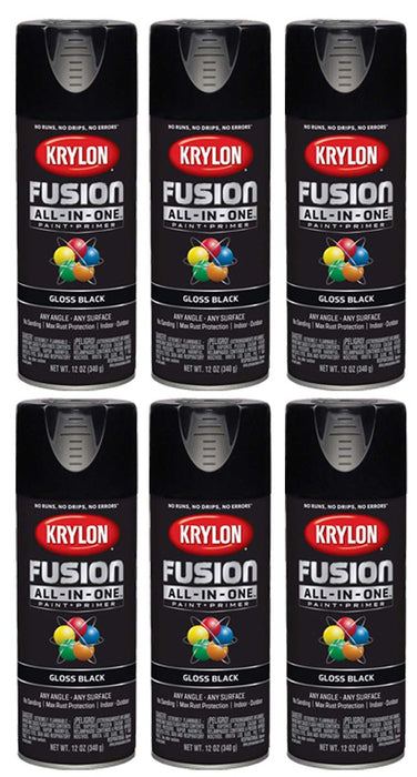 Krylon K02732007 Black Fusion All-In-One Paint & Primer Spray Paint, Satin, 12 oz (Pack of 6)
