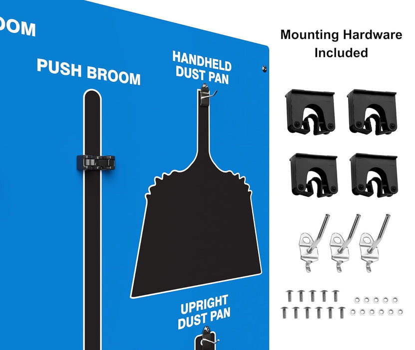 Clean & Sweep 5S Shadow Board/Wall Mount Broom Holder, 68" x 30" Board, 5S Cleaning Station - with Broom and Dustpan Set Included, PSB116BUBK Blue/Black Accu-Shield