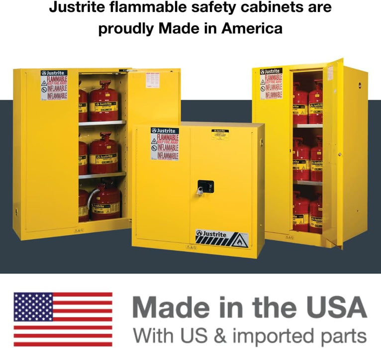 Justrite 896000 60 Gallon Manual Close Flammable Storage Cabinet, 18 Gauge Steel, 2 Shelves, 2 Door Fire Cabinet, 65" x 34" x 34", Yellow