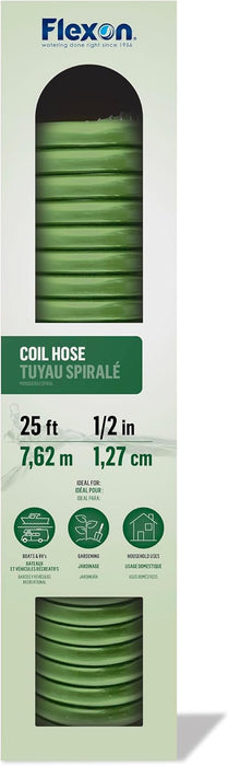 Flexon CH1225CN 1/2" x 25ft Coil Garden Hose – Compact, Kink-Resistant, Lightweight, Space-Saving Design, Durable and Weather-Resistant Watering Hose for Small Yards and Gardening