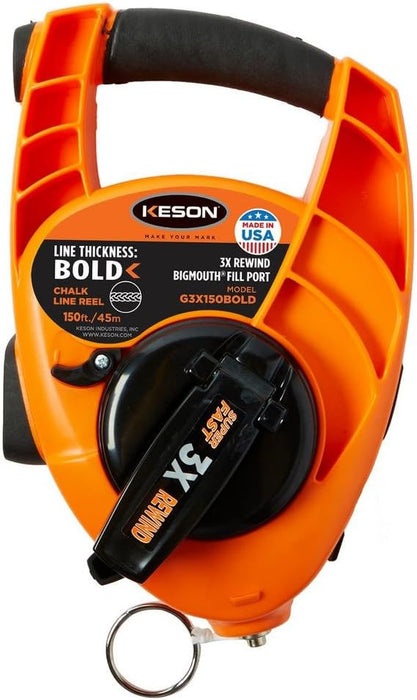 Keson G3X150BOLD Bold Chalk Line Reel with 3X1 Rewind, 12-Ounce Chalk Capacity, 150-Foot