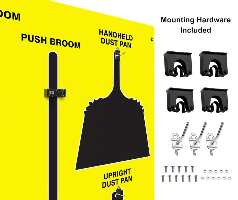 Clean & Sweep PSB716YLBK 5S Shadow Board/Wall Mount Broom Holder, 68" x 30" Board, 5S Cleaning Station with Broom and Dustpan Set Included, Yellow/Black