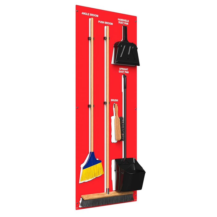 Clean & Sweep PSB116RDWT 5S Shadow Board/Wall Mount Broom Holder, 68" x 30" Board, 5S Cleaning Station with Broom and Dustpan Set Included, Red/White