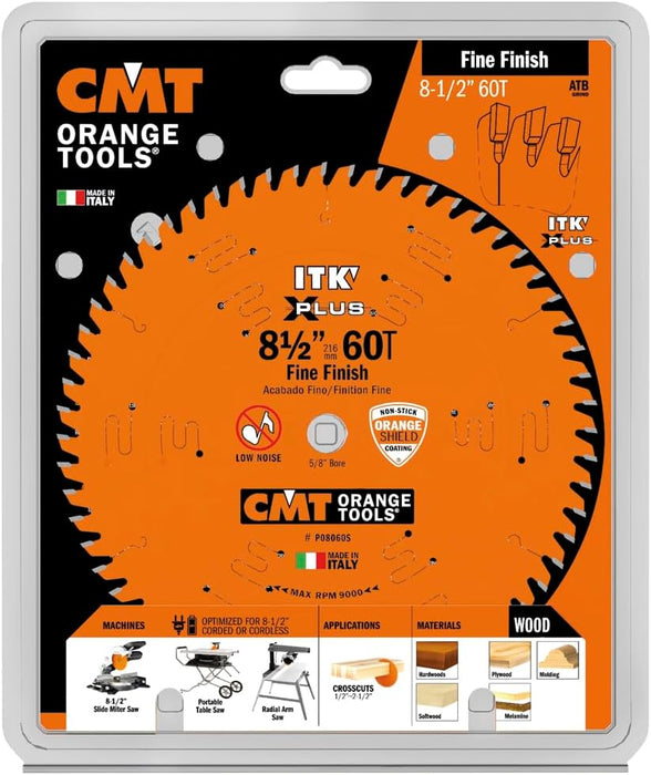 CMT P08060S ITK Plus Finish Sliding Compound Miter Saw Blade with 8-1/2 x 60 Teeth, 10-Degree ATB Shear and 5/8-Inch Bore