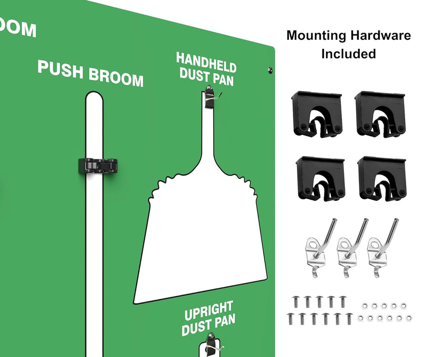 Clean & Sweep 5S Shadow Board/Wall Mount Broom Holder, 68" x 30" Board, 5S Cleaning Station - with Broom and Dustpan Set Included, PSB116GNWT Green/White Accu-Shield
