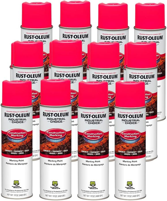 Rust-Oleum 264702 Industrial Choice M1400 System Water-Based Construction Marking Spray Paint, 17 oz, Fluorescent Pink (Pack of 12)