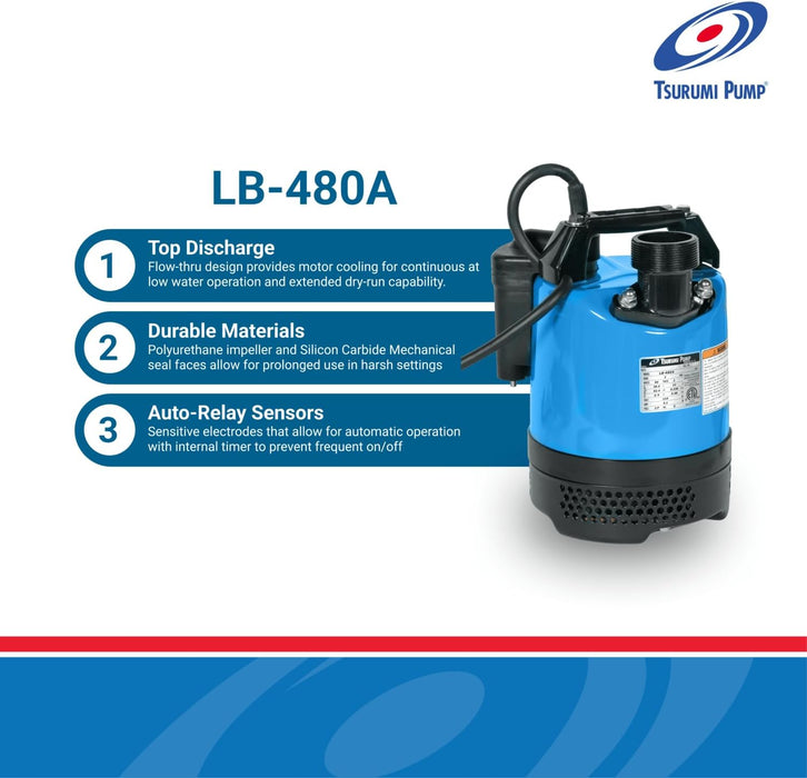 Tsurumi Pump LB-480A Submersible Dewatering Pump - Auto Relay Switch 2/3 HP 115V 2 in Discharge, 63 GPM / 3780 GPH