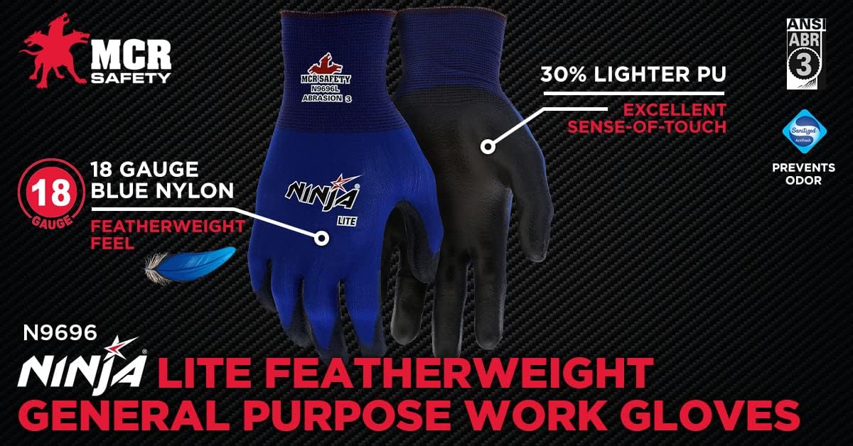 MCR Safety (N9696) Memphis Blue Ninja Lite Gloves, 18 Gauge, Size Large (12 Pair)