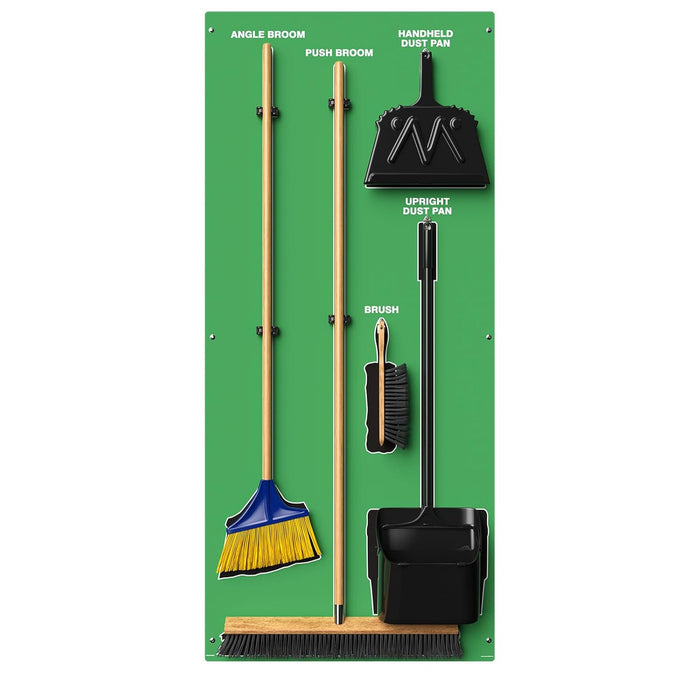 Clean & Sweep 5S Shadow Board/Wall Mount Broom Holder, 68" x 30" Board, 5S Cleaning Station - with Broom and Dustpan Set Included, PSB716GNBK Green/Black Ultra Aluma-Lite