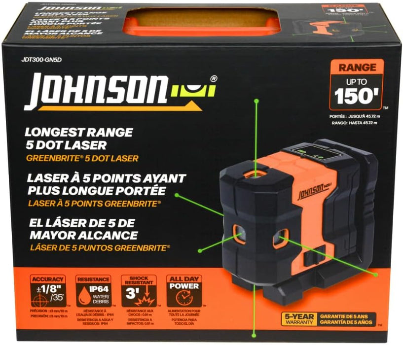 Johnson JDT300-GN5D Laser Level, Self-Leveling Kit 5 Dot Laser with GreenBrite Technology, Magnetic Base, Hard-Shell Carry Case, Floor Mount