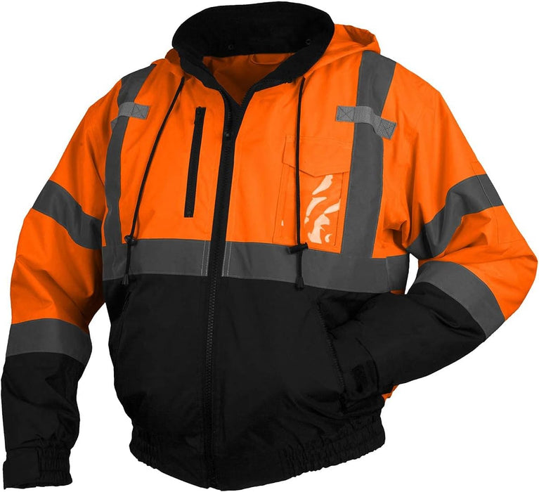 Pyramex RJ31 Series Unisex Waterproof Class 3 Fleece Bomber Safety Jacket, Hi Vis Orange, Size Large