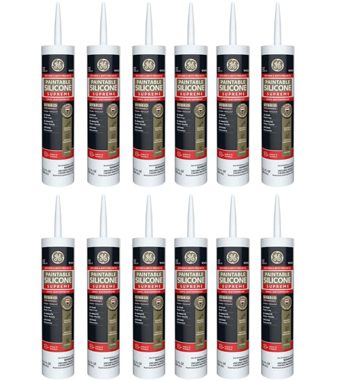 GE Supreme Paintable Silicone Caulk for Kitchen & Bathroom, White, 9.5 fl oz Cartridge, 100% Waterproof Silicone Sealant, 7X Stronger Adhesion, Shrink & Crack Proof (Pack of 12)