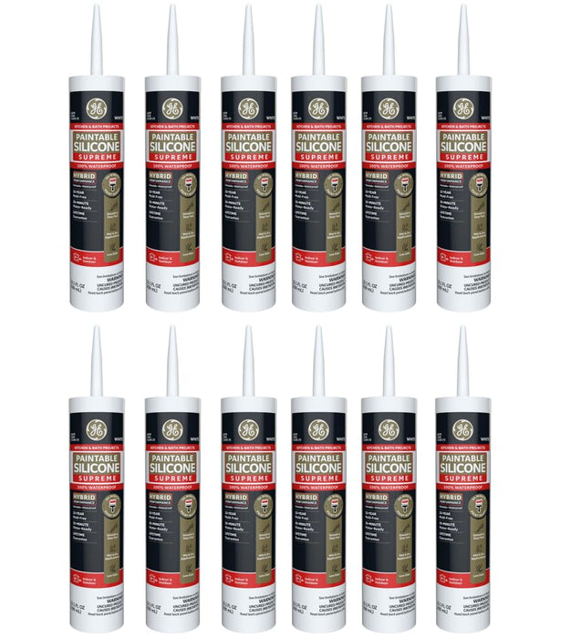 GE Supreme Paintable Silicone Caulk for Kitchen & Bathroom, White, 9.5 fl oz Cartridge, 100% Waterproof Silicone Sealant, 7X Stronger Adhesion, Shrink & Crack Proof (Pack of 12)
