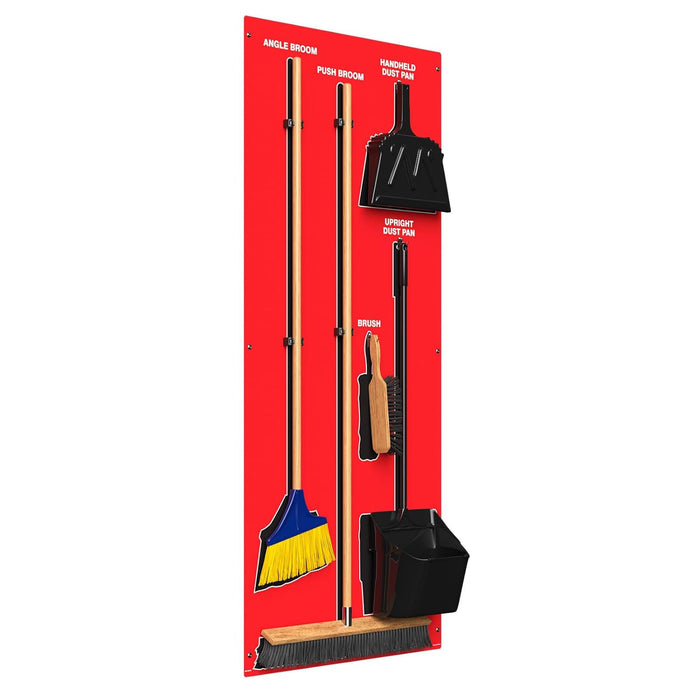 Clean & Sweep 5S Shadow Board/Wall Mount Broom Holder, 68" x 30" Board, 5S Cleaning Station - with Broom and Dustpan Set Included, PSB116RDBK Red/Black Accu-Shield