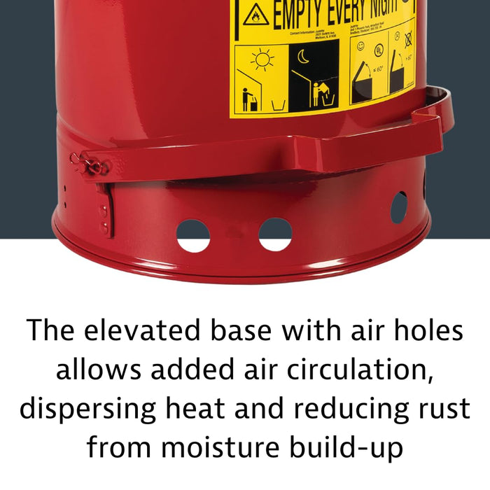 Justrite 21 Gallon Galvanized Steel Oily Waste Can, 23.5" x 18" Metal Oil Rag Safety Can with Foot Operated Self-Closing Lid for Oil Rag Disposal, Made in The USA, Red, 09700