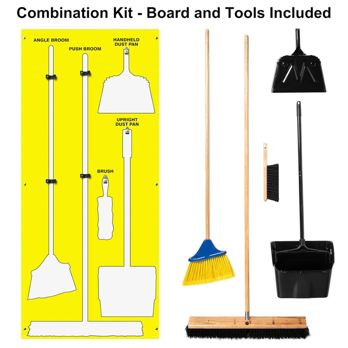 Clean & Sweep PSB116YLWT 5S Shadow Board/Wall Mount Broom Holder, 68" x 30" Board, 5S Cleaning Station with Broom and Dustpan Set Included, Yellow/White