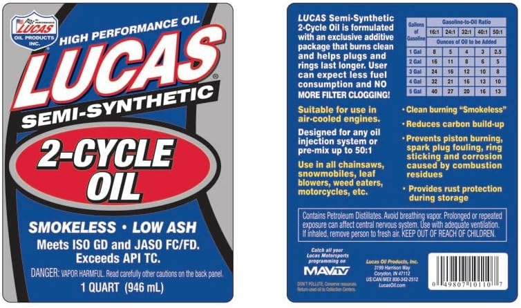 Lucas Oil 10110 Semi-Synthetic 2-Cycle Oil, 1 Quart (Pack of 6)