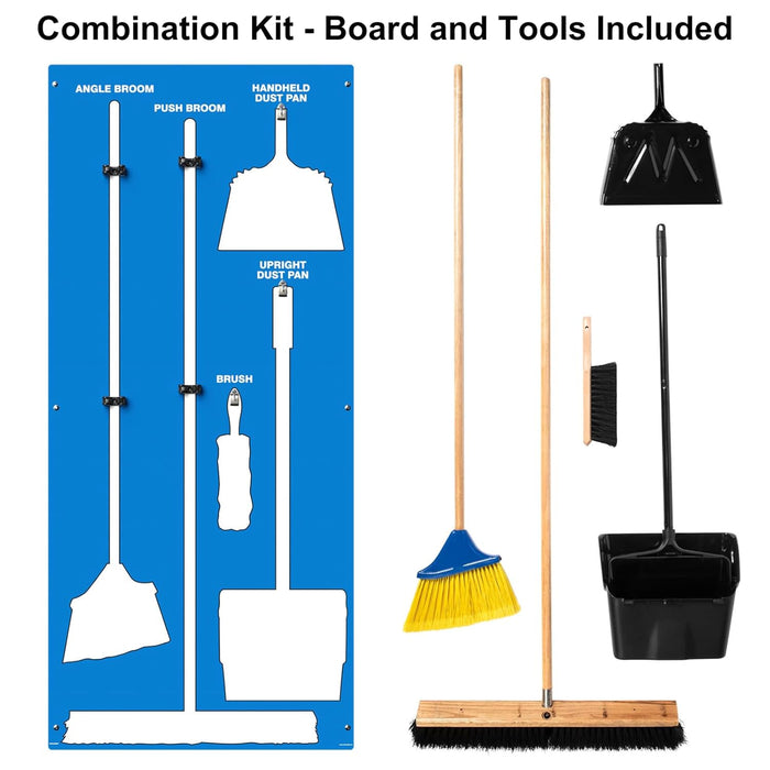 Clean & Sweep PSB116BUWT 5S Shadow Board/Wall Mount Broom Holder, 68" x 30" Board, 5S Cleaning Station with Broom and Dustpan Set Included, Blue/White