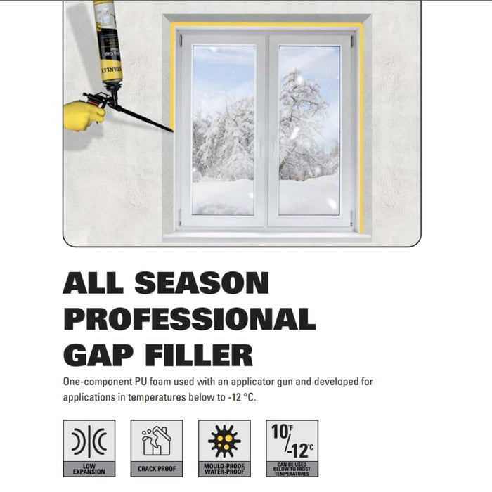 STANLEY All Season Pro Gap Filler - Window & Door Filler in 10F˚, Expanding Polyurethane Sealant for Gaps & Cracks - Gun Use, Gun NOT Included - 24 Oz, All Season Pro (Pack of 12)