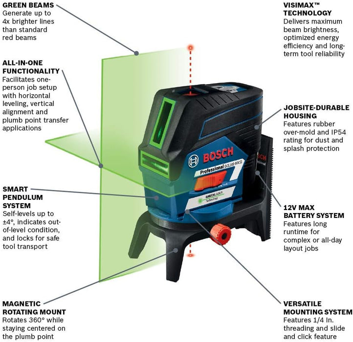 Bosch 12V Max Connected Green-Beam Cross-Line Laser with Plumb Points