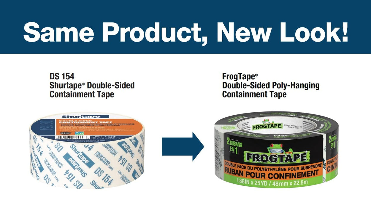 FrogTape DS 154 Premium Grade, Double-Sided Poly-Hanging Containment Tape, Sticks to Plastic Sheets, for Remodeling and Remediation, 48mm x 25yds, Natural, 1 Roll (105777)
