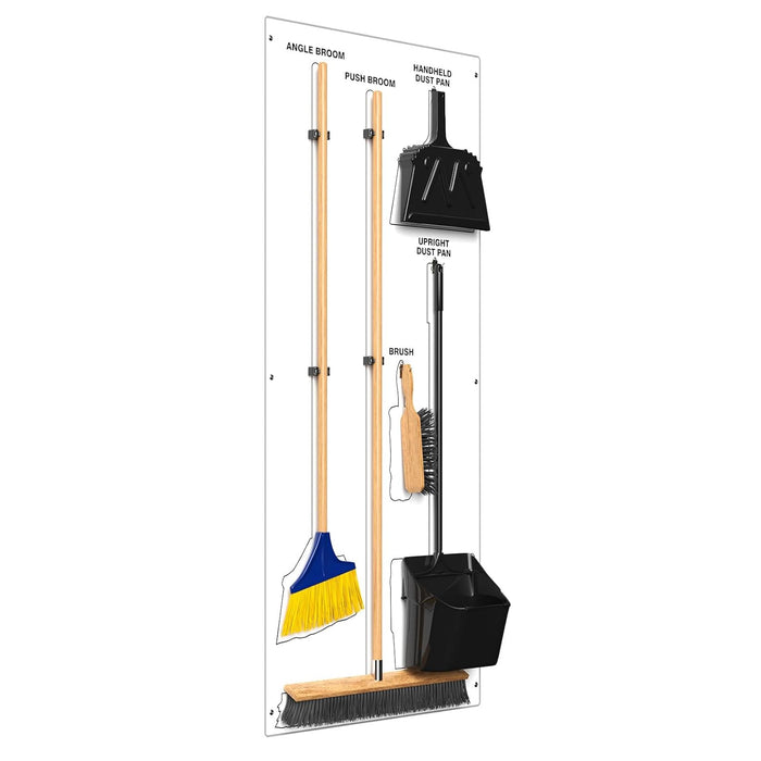 Clean & Sweep PSB716WTWT 5S Shadow Board/Wall Mount Broom Holder, 68" x 30" Board, 5S Cleaning Station with Broom and Dustpan Set Included, White/White