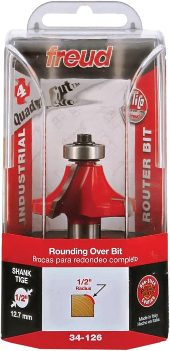 Freud Quadra-Cut Radius Rounding Over Bit with Perma-Shield Coating for Flawless Finish - 4 Cutters, 1/2" Shank Dia., 1/2" Radius, 2-3/4" Length - 34-126 1/2" Radius 1/2" Shank Rounding Over (Quadra-Cut)
