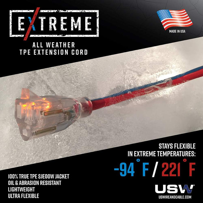 US Wire 98025 14/3 25-Foot SJEOW TPE Cold Weather Extension Cord Blue with Lighted Plug