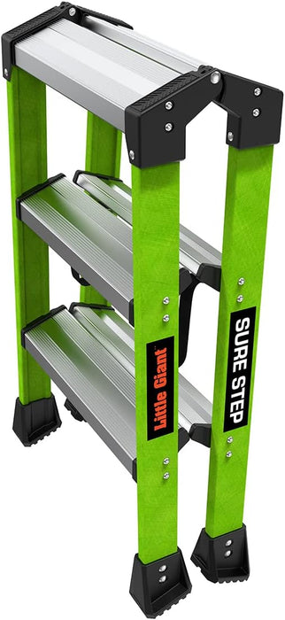 Little Giant Ladders, Sure Step, 3-Step, Double-Sided Step Stool, Fiberglass, (11953), Type 1AA, 375 lbs Weight Rating, Hi-viz Green